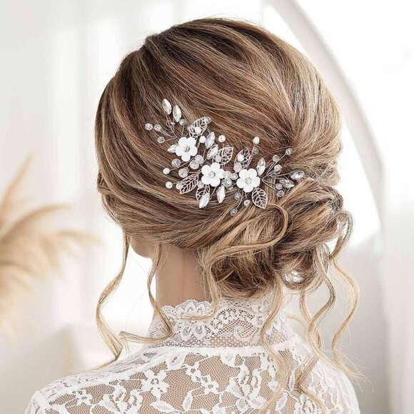 ❤️Women Silver Flower Bride Hair Vine Leaf  Hair Piece Beaded Headpieces Jewelry - Picture 6 of 9